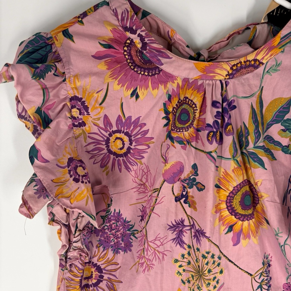 Elie Tahari Womens Pink Floral Ruffle Flutter Short Sleeve Tie Neck Blouse M